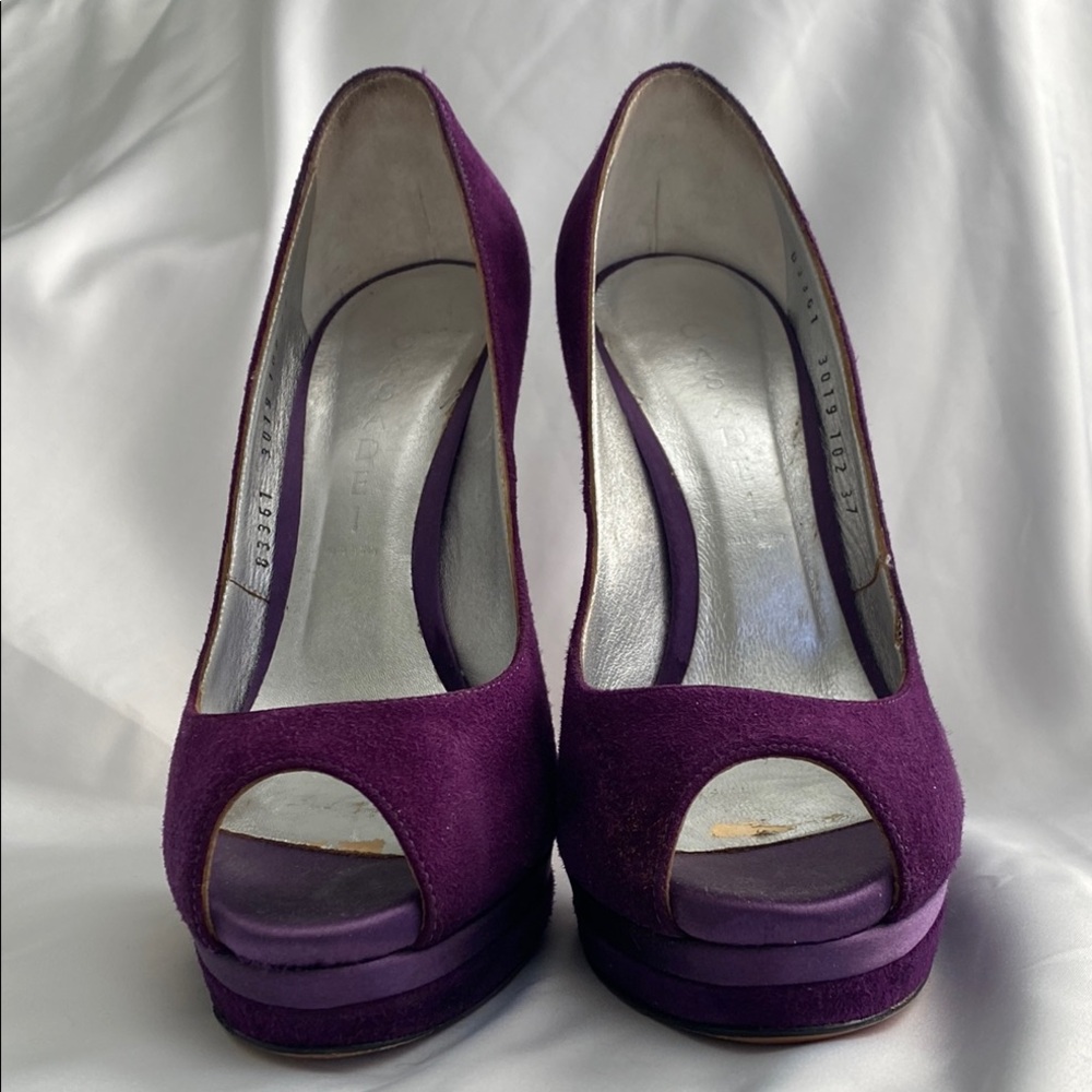 Casadei Purple Suede and Satin Peep-Toe Platform Heels